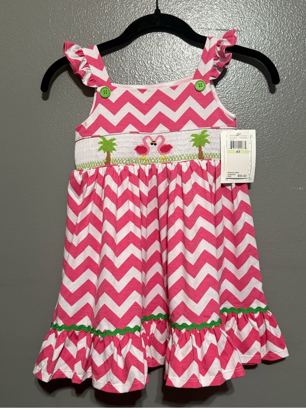 Marmaletta Pink Chevron Girls' Sundress with Flamingo Smocking Size 4T